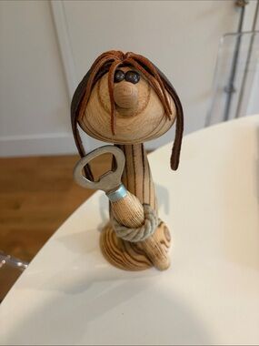 Wooden Bottle Opener Figurine with Leather Hair - Natural Wood